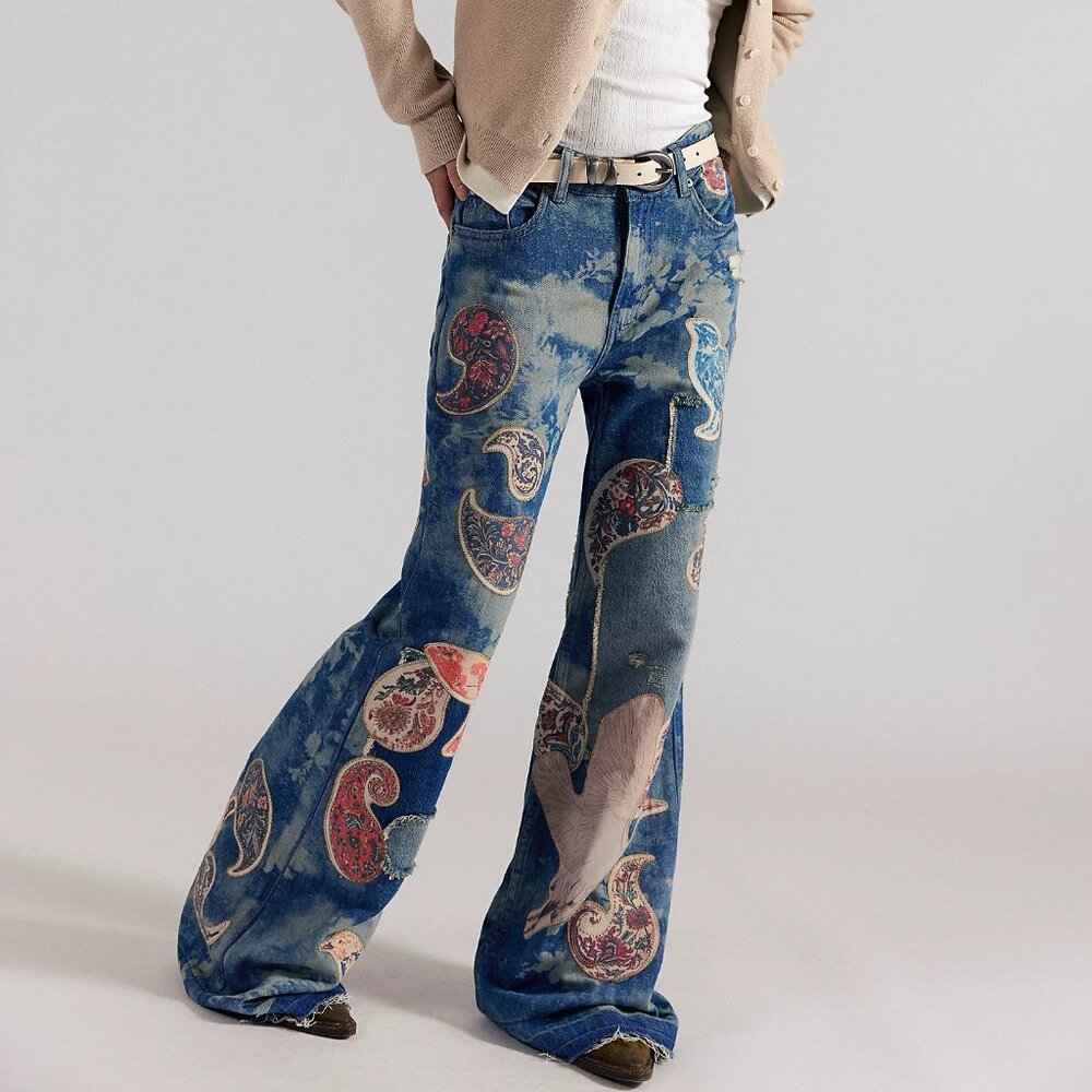 Free People Blue Paisley Patchwork Flare Jeans - Picture 3 of 3